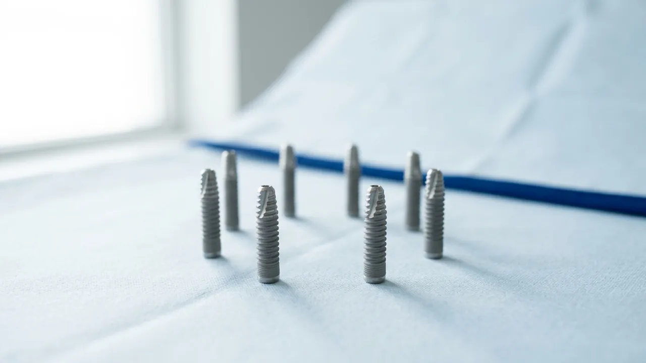 Titanium dental implant posts standing upright on a pale blue surgical drape, a slim blue instrument behind them — All-on-6 dental implants