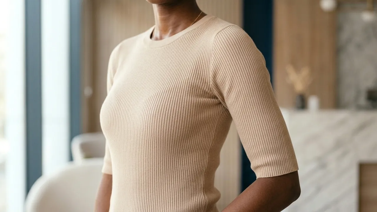A view of a woman from the collarbone to the waist with one arm held a little away from the body — Arm lift (brachioplasty)