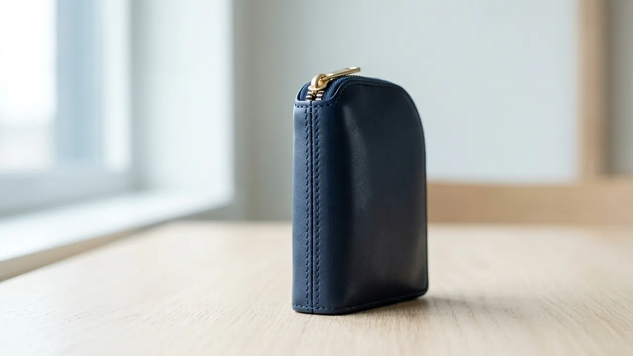 A compact deep-navy leather purse, fully closed, standing upright on pale wood — Breast augmentation cost