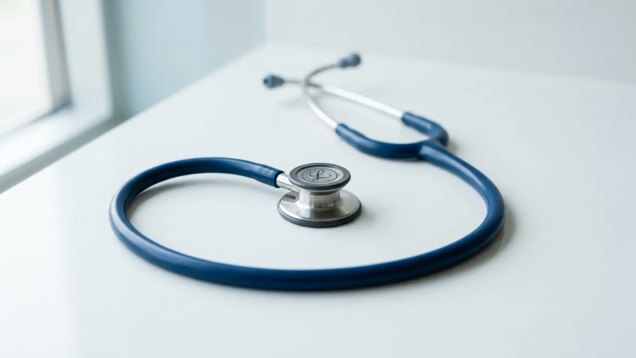 A navy stethoscope laid in a loop on a white clinic desk — Breast implant safety and longevity