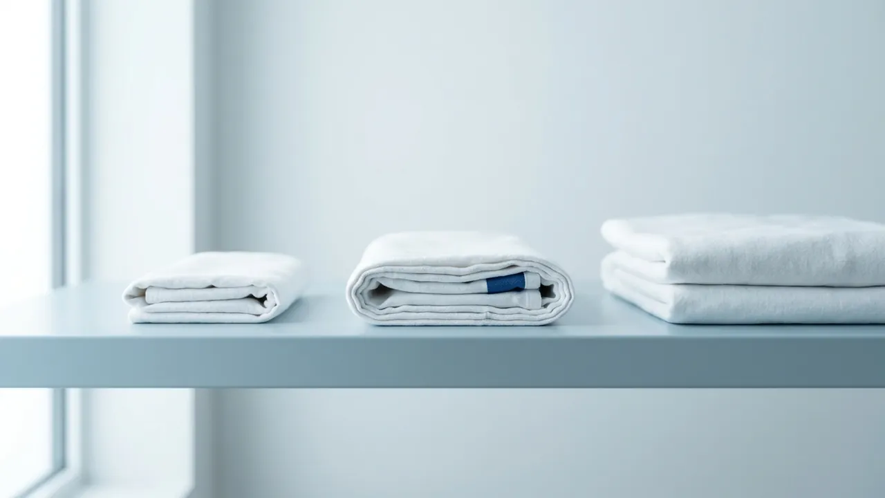 Three folded stacks of white cloth in small, medium and large, lined up along a pale shelf — Breast implant sizes: how to choose