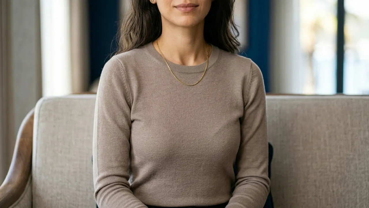 A view of a woman from the collarbone to the waist, wearing a well-fitted long-sleeved knit top — Breast reduction