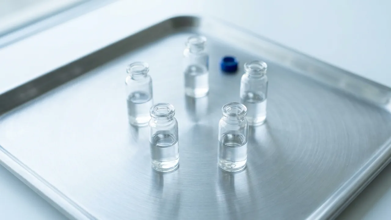 Five small clear glass vials standing on a brushed steel tray beside a single deep-blue cap — Crown (vertex) transplant