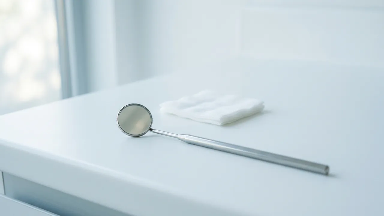 A round dental mirror and a folded square of white gauze on a white counter beside a window — Implant recovery and healing