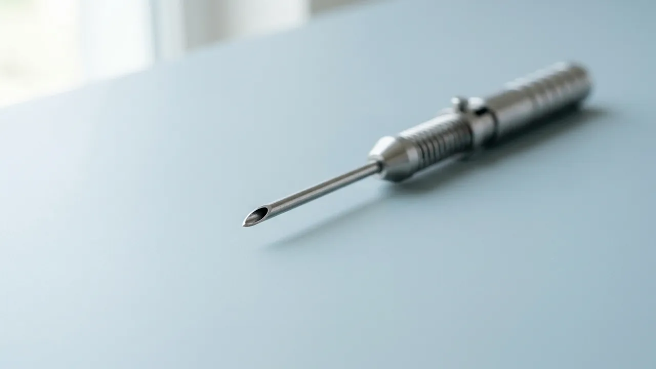 A DHI implanter pen seen very close, its fine hollow tip toward the camera — DHI hair transplant