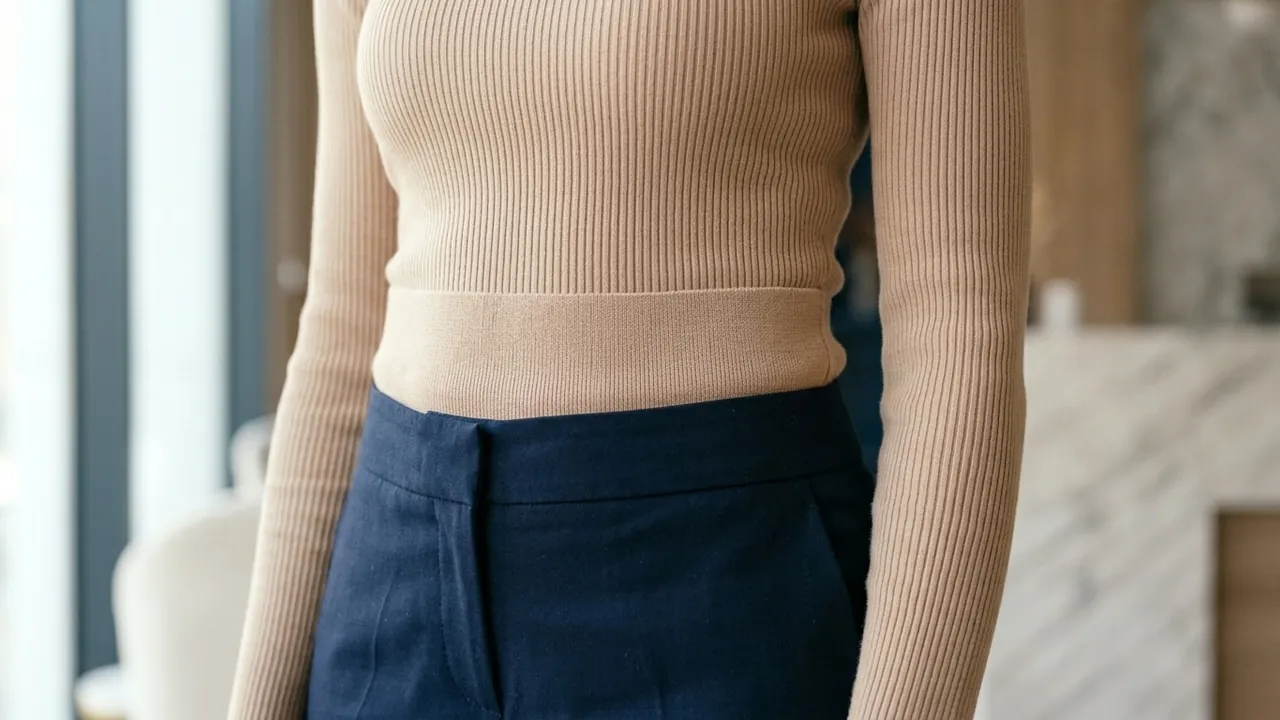 A close view of a woman from the lower ribs to the upper thighs, wearing a fitted long-sleeved knit top over tailored trousers — Extended tummy tuck