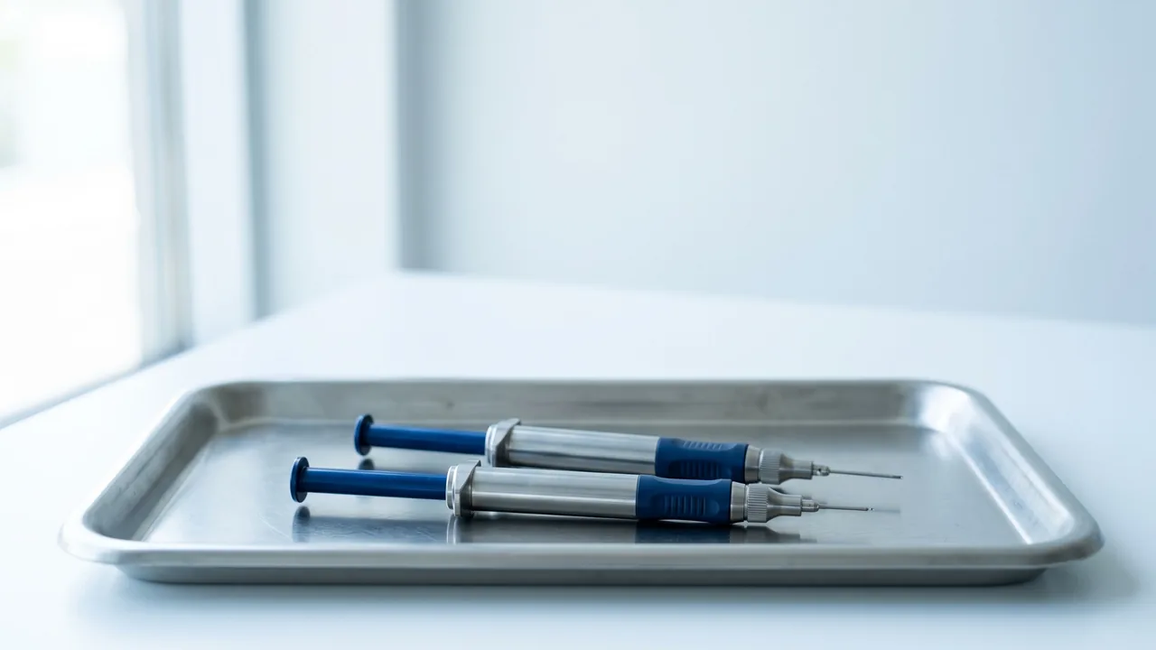 Two precision implanter pens side by side on a stainless tray — FUE versus DHI hair transplant techniques