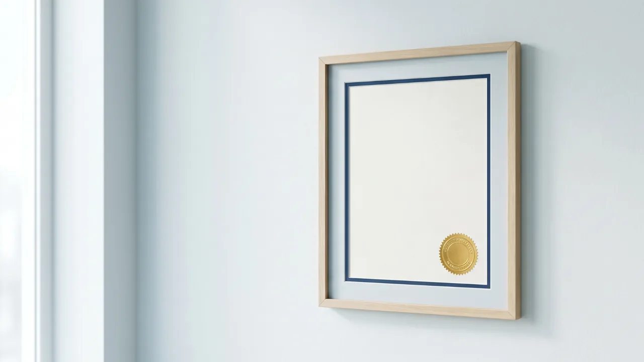 Framed certificate with a gold seal on a clinic wall — checking credentials before gastric sleeve surgery