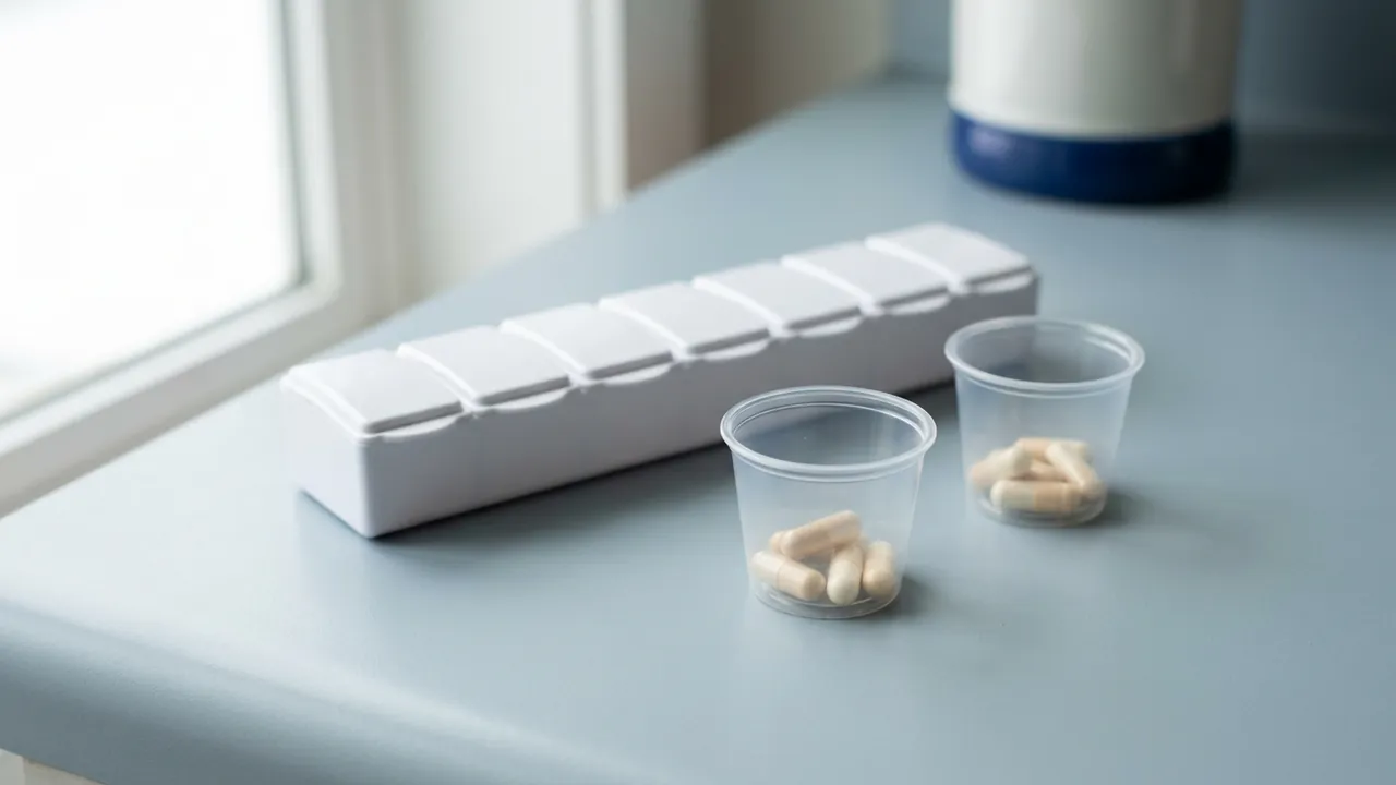 A weekly pill organiser and two small clear cups of capsules on a pale windowsill — Sleeve vs bypass recovery compared
