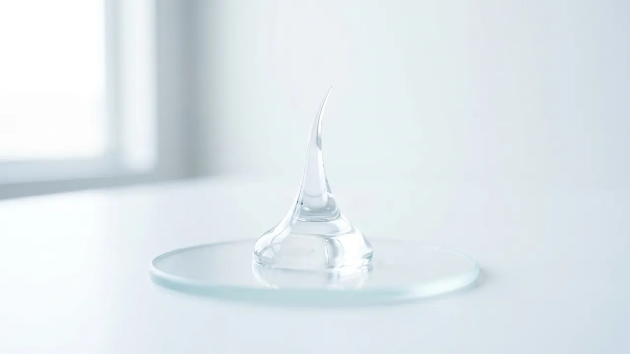 A clear dollop of firm gel holding a perfect standing peak on a round glass slide, backlit on a white surface — Gummy bear (cohesive) implants