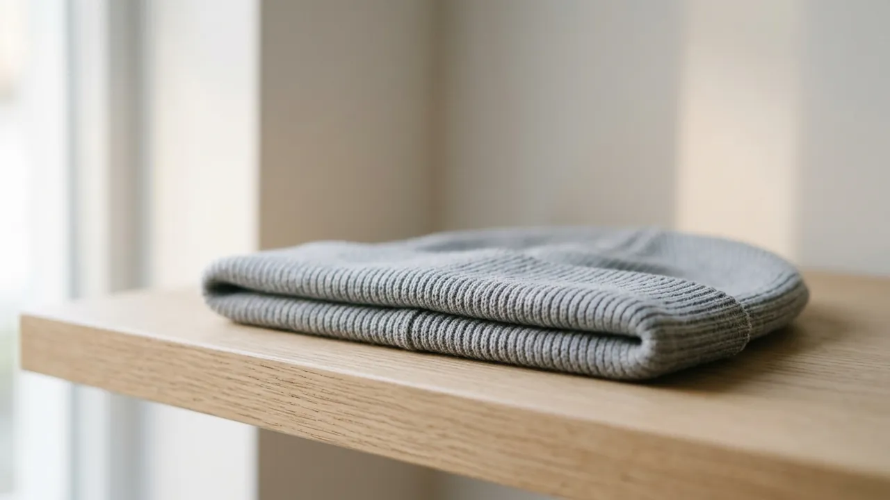 A soft dove-grey cotton beanie folded flat on a pale wooden shelf — Recovery, day by day