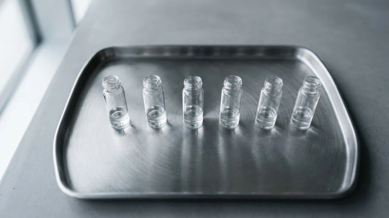 Six small empty glass vials in a row on a steel tray — counting hair transplant grafts