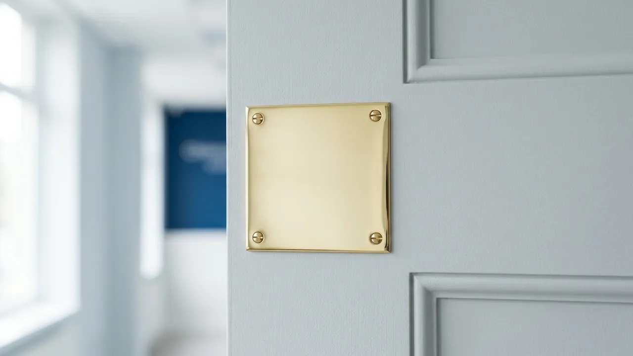 A blank polished brass plaque on a pale clinic door, the corridor beyond in soft daylight — How to choose a clinic in Turkey