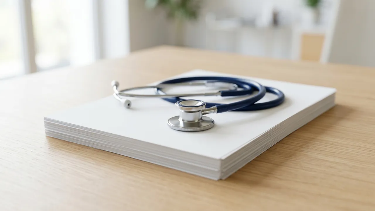 A stethoscope resting on a neat stack of documents on a wooden desk — choosing a plastic surgeon