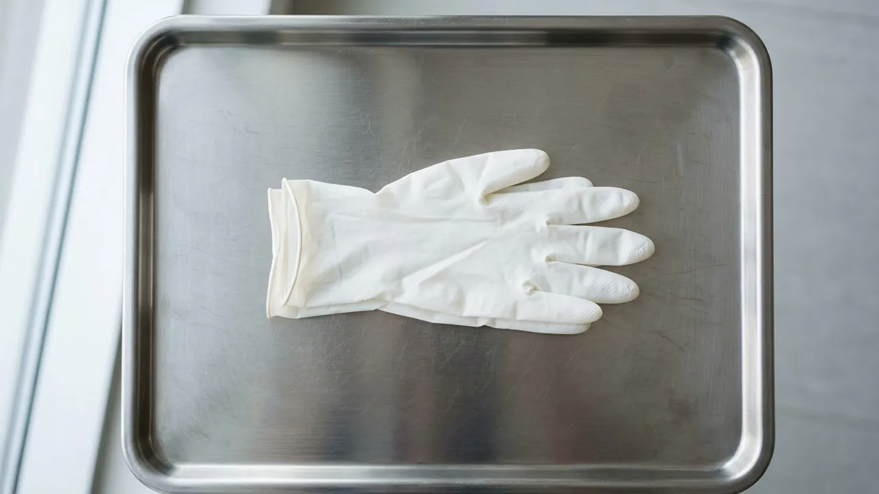 A sterile white surgical glove laid flat on a clean steel tray — hair transplant safety standards