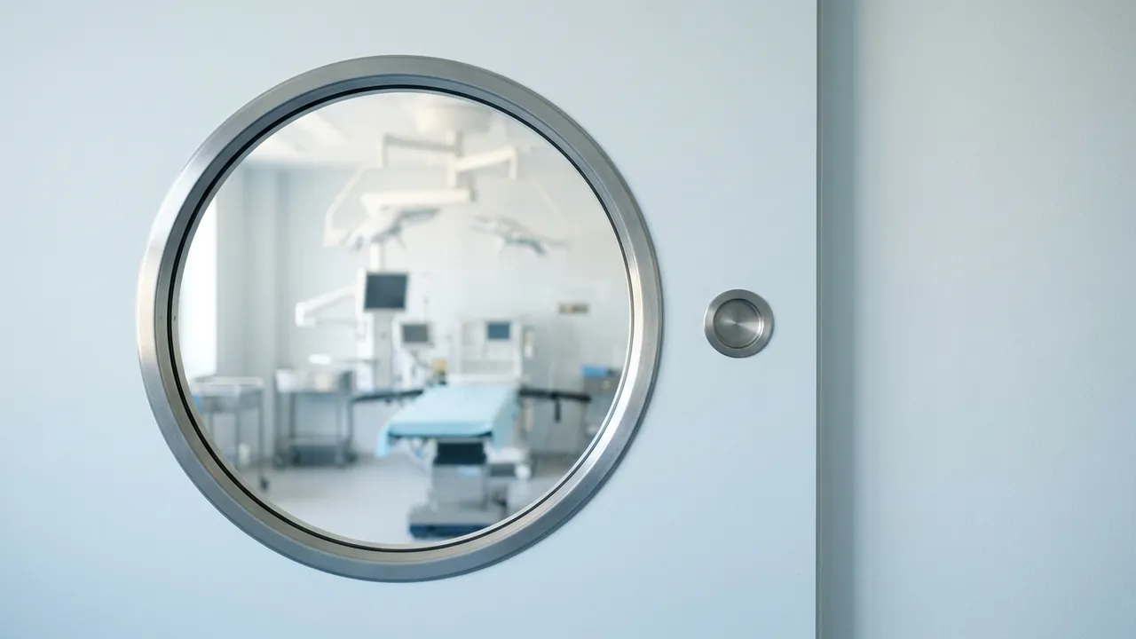 Empty modern operating theatre seen through a round door window — plastic surgery safety in Turkey