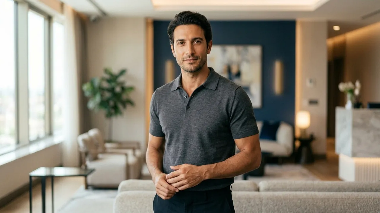 A view of a man from the chest to the hips, wearing a tailored charcoal knit polo tucked neatly at a trim waistline — Male tummy tuck in Turkey: an honest guide