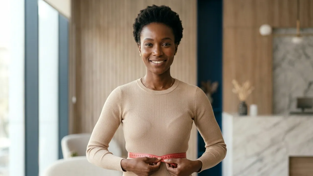 A close view of a woman from the lower ribs to the upper thighs, wearing a soft tailored knit dress in a muted warm neutral — Mini tummy tuck