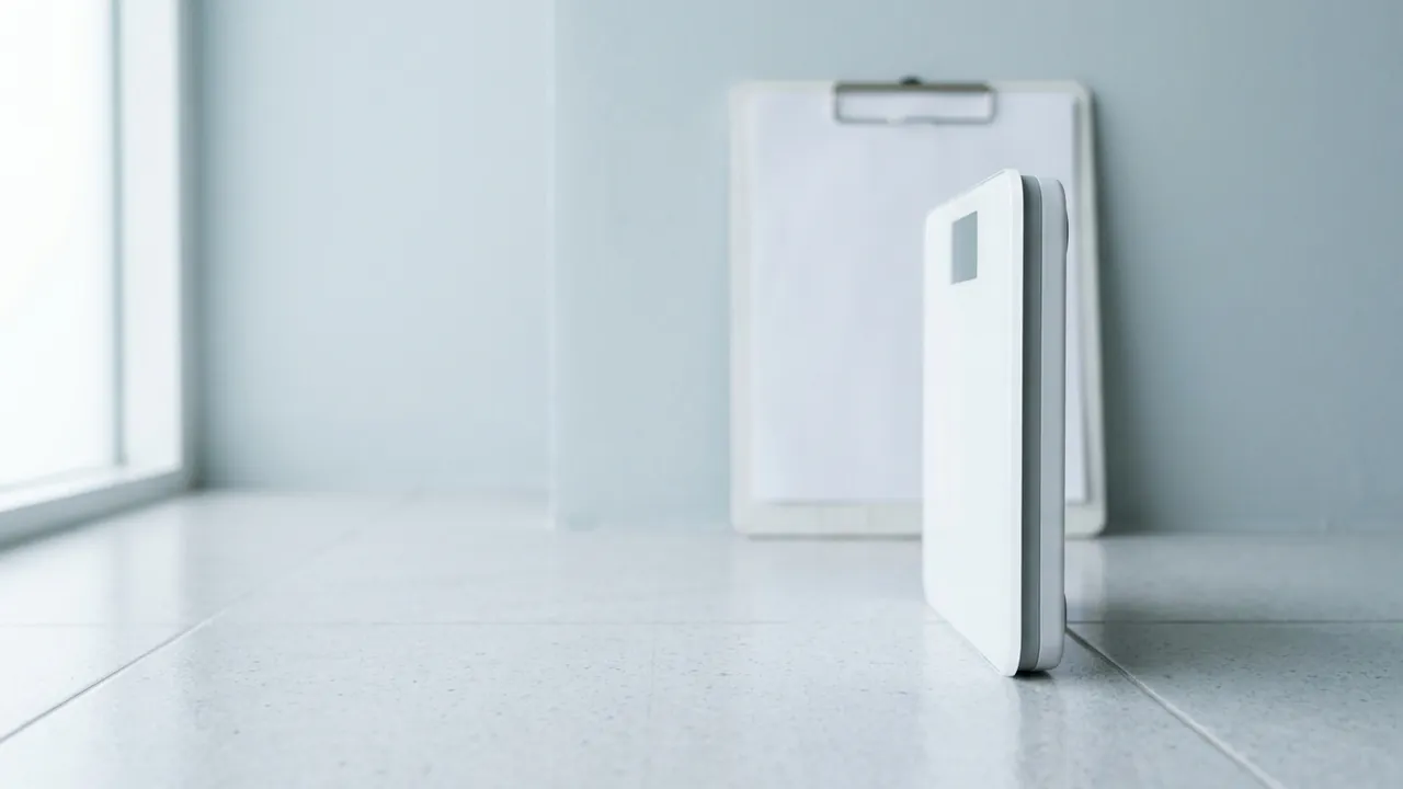A white digital bathroom scale on edge with a blank clipboard behind — BMI requirements for plastic surgery