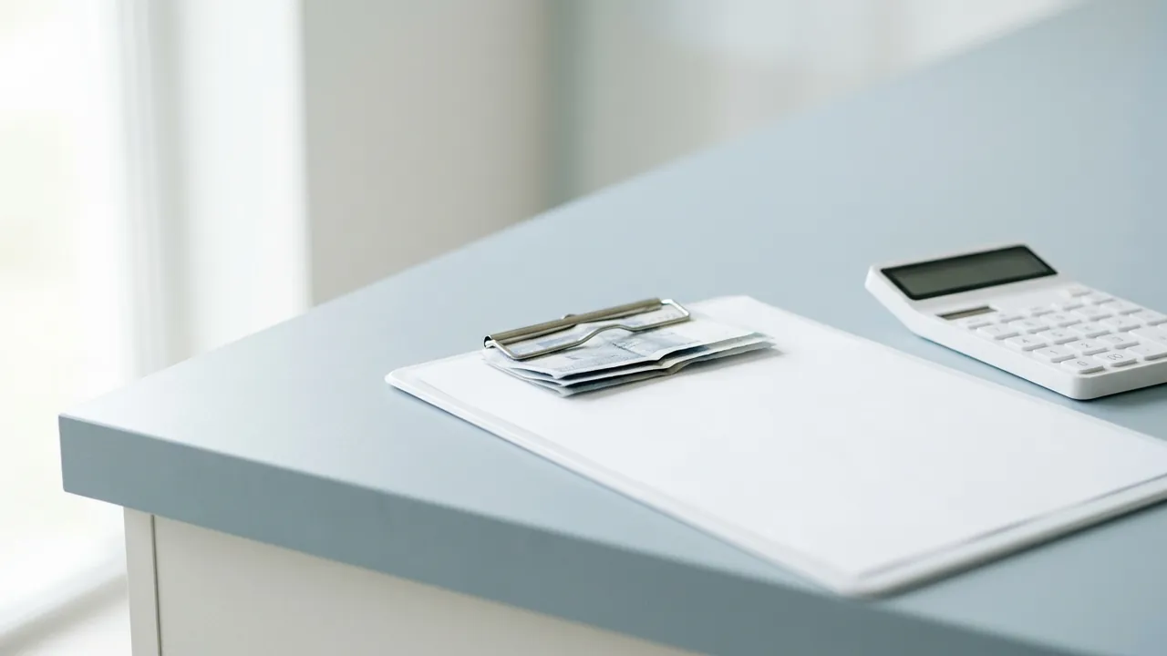 A clinical clipboard holding folded banknotes beside a calculator — plastic surgery cost guide