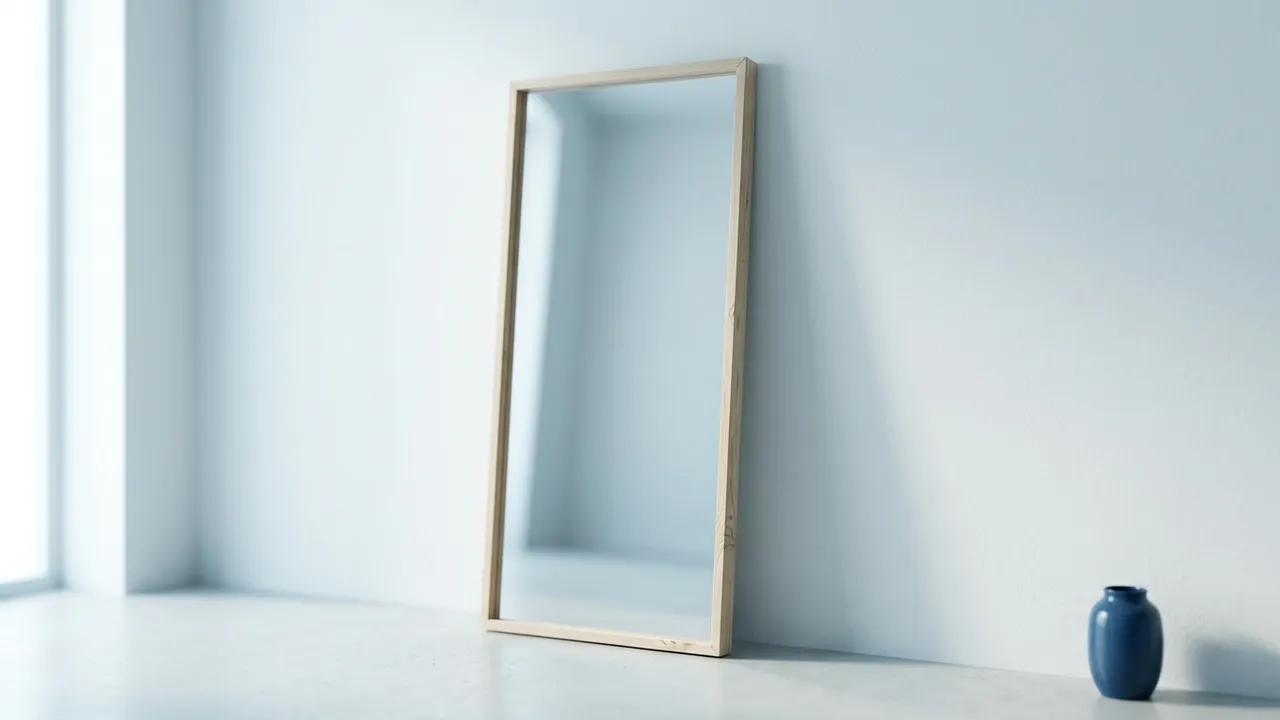 An empty wooden-framed mirror leaning against a pale wall beside a small blue vase — Body contouring after weight loss