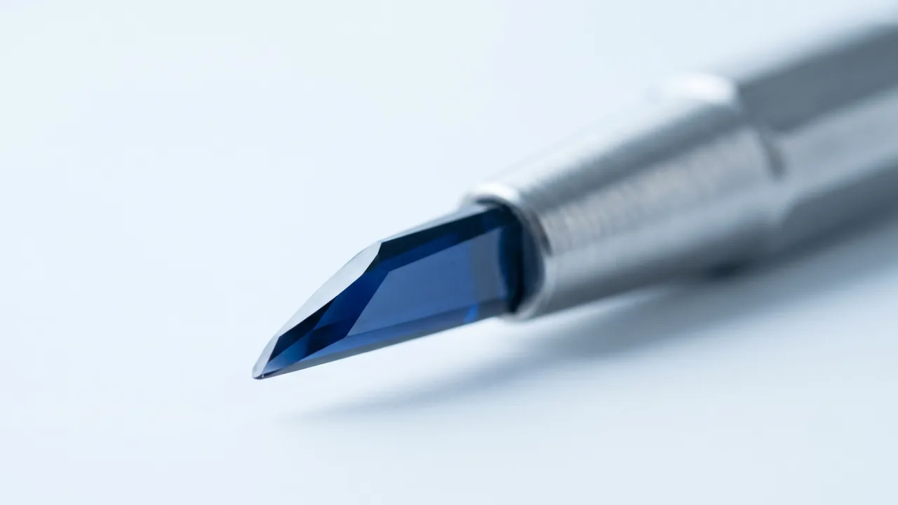 A single deep-blue sapphire blade set into a brushed-steel surgical handpiece, resting on a pale surface — sapphire FUE hair transplant tools
