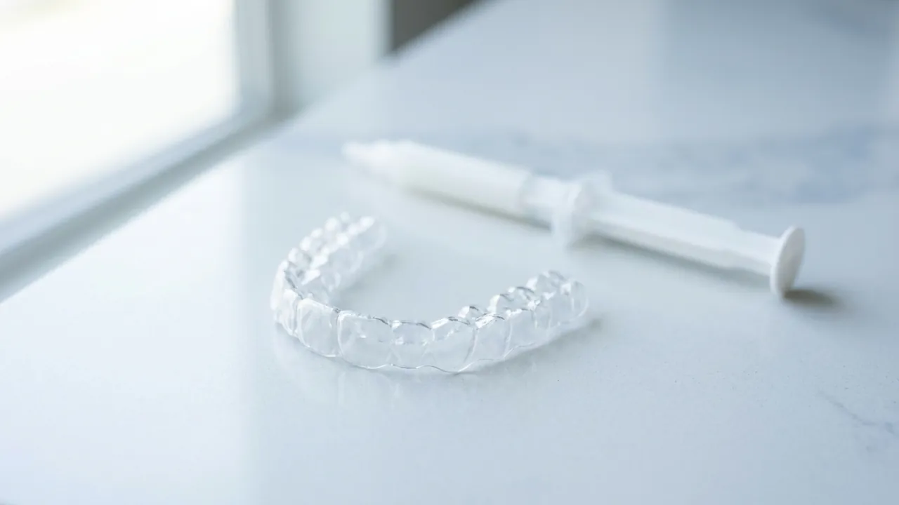 A clear whitening tray and a small white gel syringe on a white counter — Teeth whitening in Turkey