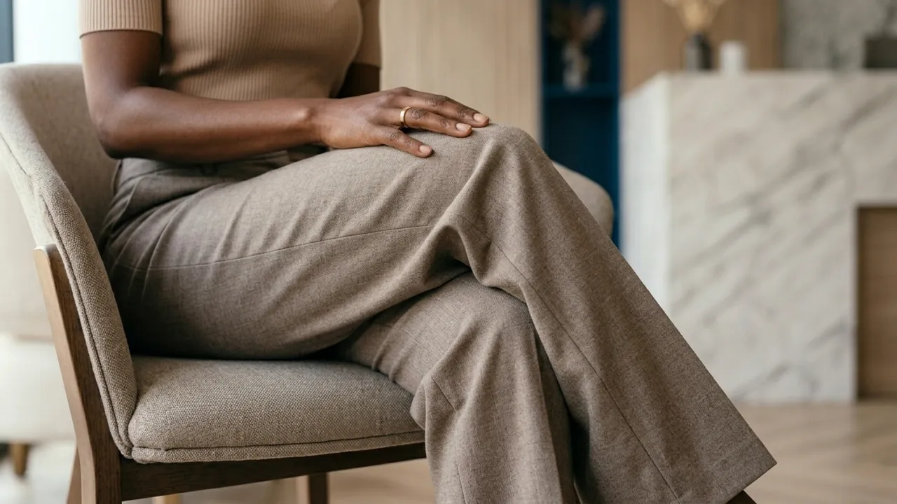 A view of a woman from the waist to the ankles, wearing well-cut wide tailored trousers in a muted warm neutral — Thigh lift