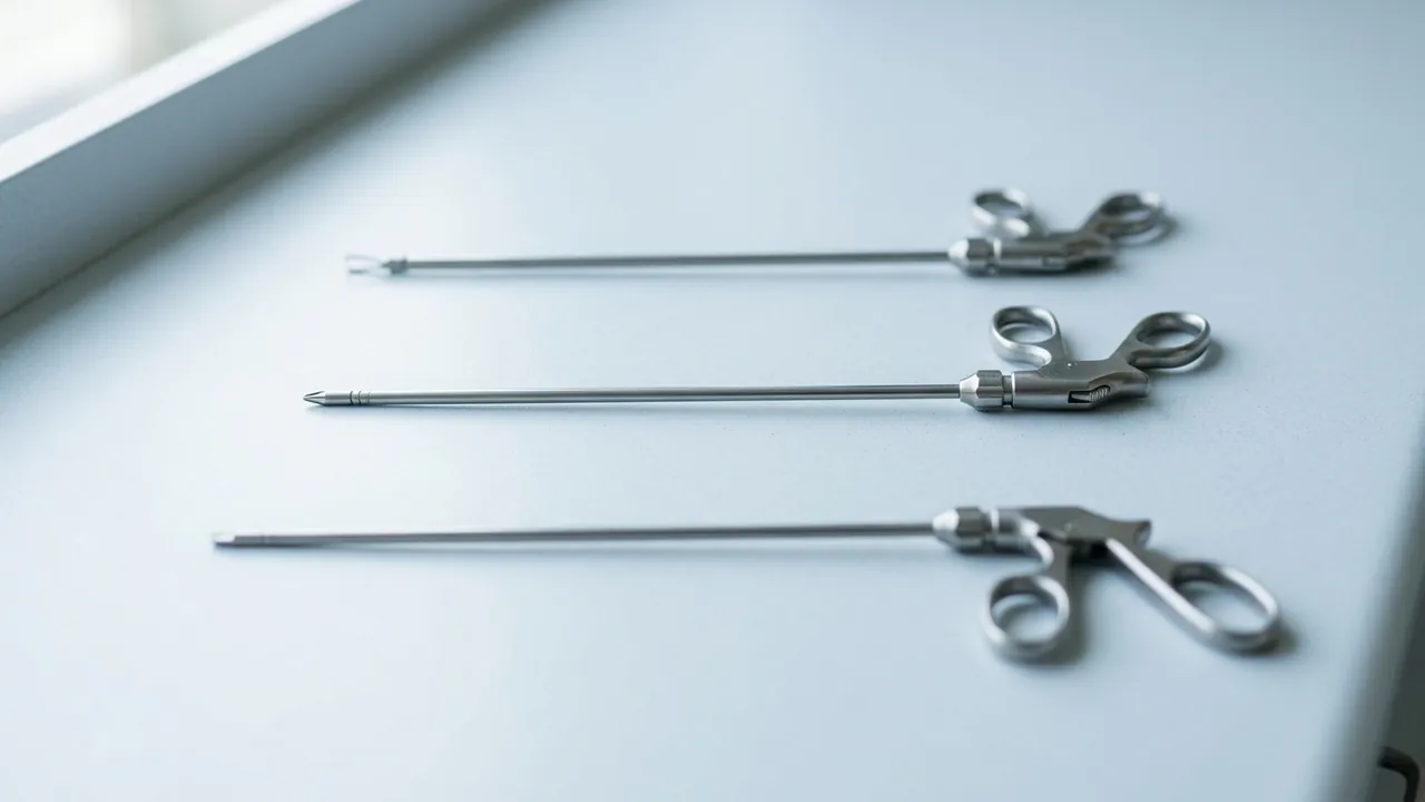Three laparoscopic surgical instruments laid in parallel on a pale surface — choosing a bariatric procedure